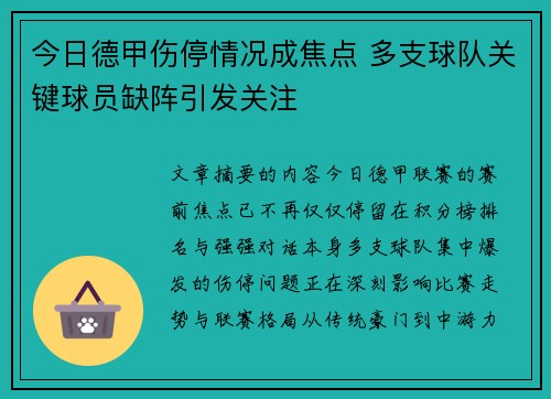 今日德甲伤停情况成焦点 多支球队关键球员缺阵引发关注 今日德甲伤停情况成焦点 多支球队关键球员缺阵引发关注